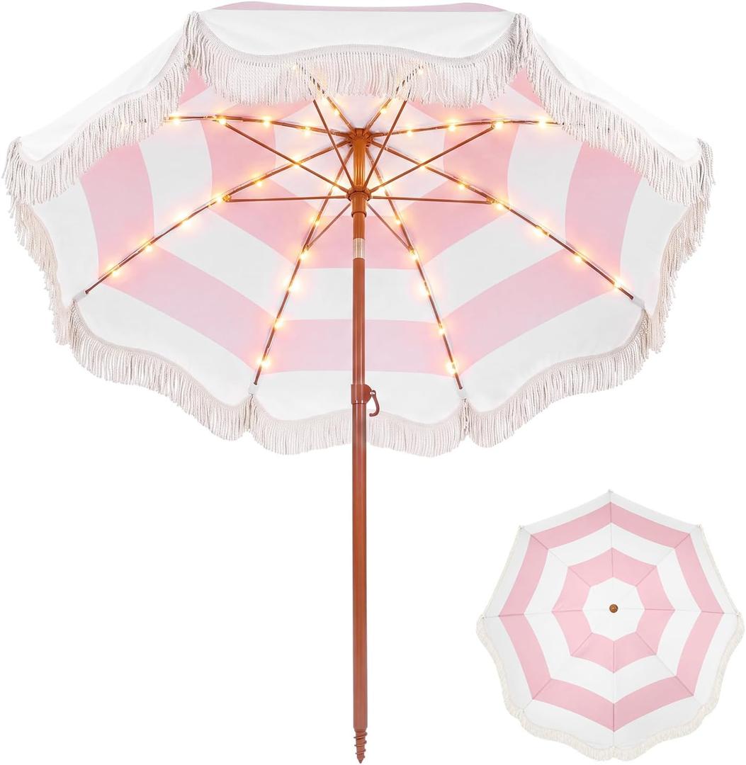 Fringe Patio Umbrella with Solar Powered String Lights, Boho Patio Umbrella for Outdoor, Garden, Deck, Pool, Push Button Tilt Pole