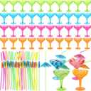 120 Pcs Plastic Margarita Glasses with Umbrella Drink Straws 60 Pcs 12 oz Disposable Margarita Cup and 60 Umbrella Straws for Cinco De Mayo Fiesta and Mexican Taco Party Supplies Summer Party Supplies