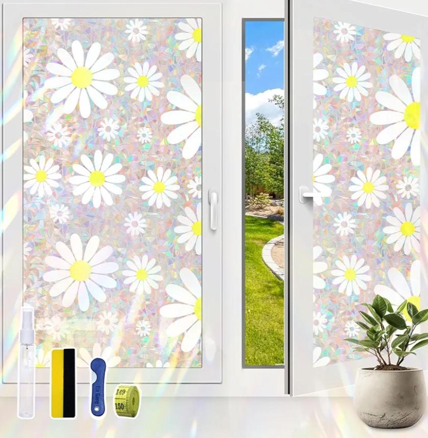Window Film, Privacy Window Film Stained Glass Rainbow Films Decorative Static Clings Sun Blocking Window Stickers Decals Coverings Tint for Home Heat Control, Daisy Floral Pattern Set of 2