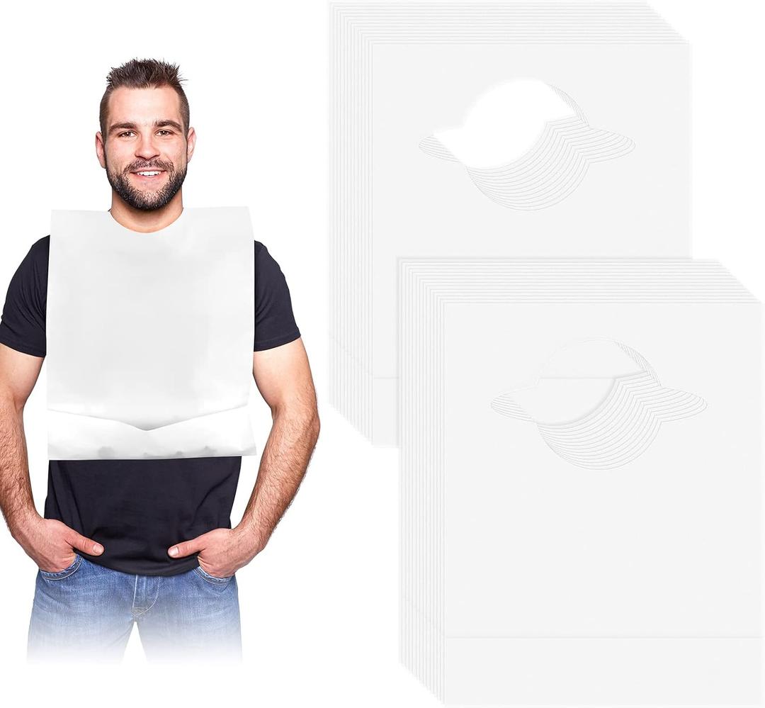 Hicarer 100 Pcs Disposable Adult Bibs with Crumb Catcher for Elderly Eating Plastic Bibs Single Use Dining Clothing Protectors