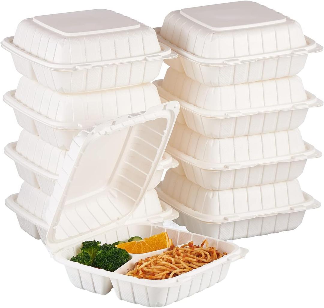 FULING [8x8-Inch, 50 Pieces, 3-Compartment Disposable To Go Box Containers, Plastic Clamshell Takeout Food Trays, Microwave Safe, Cut Resistantstable Hinged Lid, Hybrid Polypropylene, White