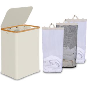 efluky Laundry Hamper with Lid, Trio Laundry Hamper with 3 Removable Bags, 3 Section Laundry Basket with Bamboo Handles for Bathroom, Bedroom & Laundry Room, 160L Beige