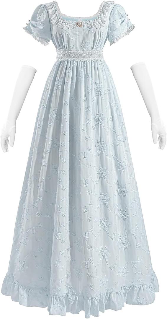 CR ROLECOS Regency Dresses Victorian Empire Waist Dress for Women Bridgerton Tea Party Puff Sleeve Costume Gown with Gloves (Small, Blue)