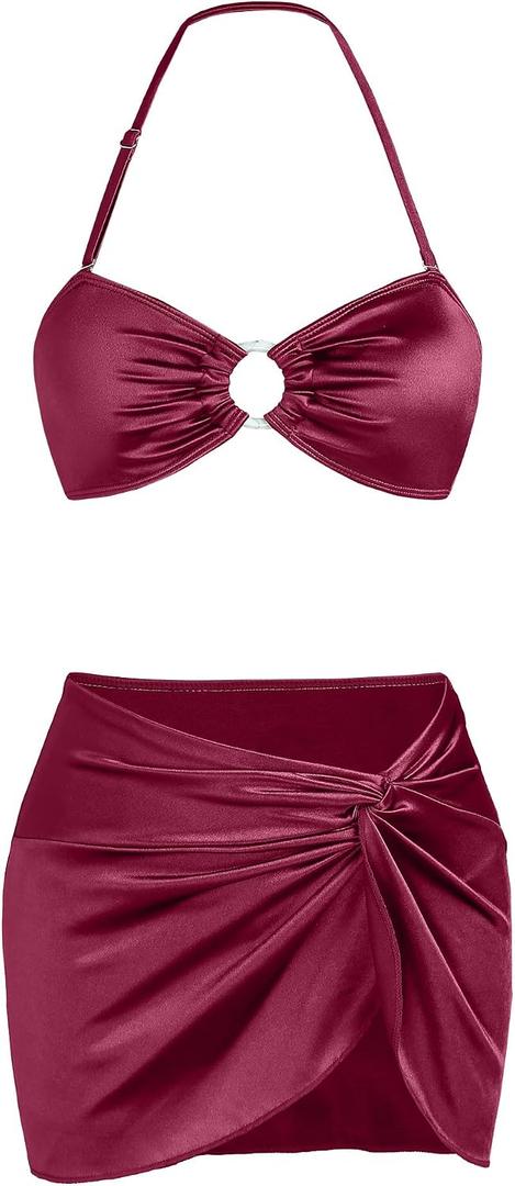 Ruched 3 Piece Swimsuits for Women Ribbed Velvet Bikini Sets with Sarong Coverup Metal Ring Bathing Suit (M)