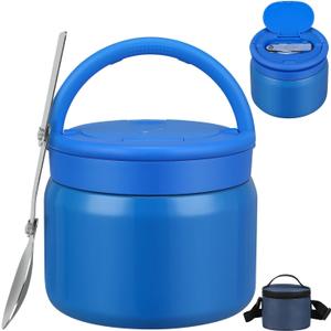 2025 Soup Thermo for Hot Food Kids with Insulated Bag, 15oz Vacuum Insulated Food Jar Wide Mouth Leakproof Lunch Container with a Stainless Steel Spoon for School Office, Blue