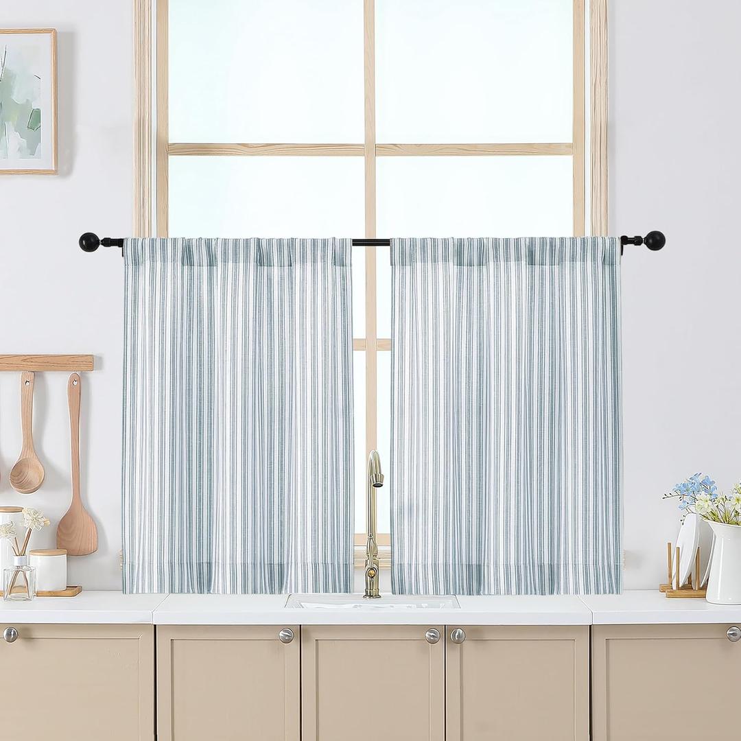 Chyhomenyc Stripe Curtains 30 Inch Length - Light Filtering Faux Linen Small Half Window Curtains Over Sink, Modern Farmhouse Curtain Tiers for Bathroom Basement, 30Wx30L, 2 Pieces, Stone Blue
