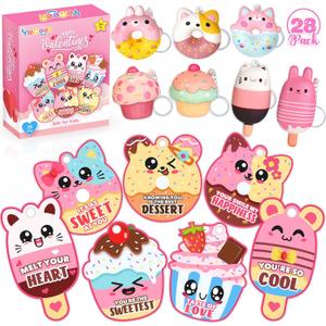 28 Pack Valentines Cards for Kids, Valentine Dessert Squishy Toys with Cards, Classroom Exchange Prizes & Party Favors, Kids Valentines Day Cards, Ideal Valentine Gifts for Boys Girls (Deep pink)