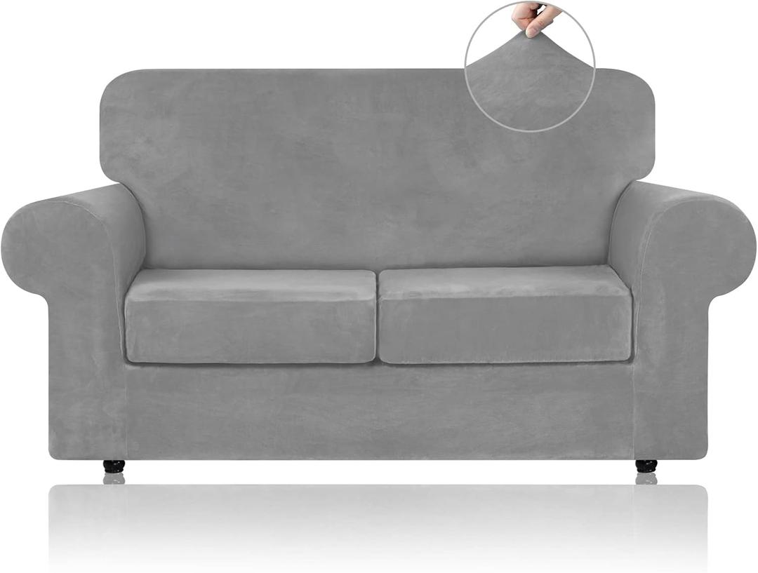 WEERRW Velvet Couch Covers for 2 Cushion Couch Sofa - High Stretch Luxury Velvet Plush 3 Pieces Sofa Slipcovers with Elastic Bottom, Furniture Protector for Pets, Machine Washable, Silver Grey, Medium