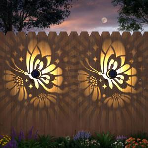 Solar Fence Lights 2 Pack Outdoor Deck Step Wall Lights Metal Waterproof LED Warm Yellow Light for Garden Post Patio Backyard Yard Decor (Butterfly-Flower, 2)