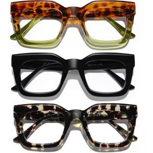 AQWANO Oversized Square Blue Light Reading Glasses Women Men, Computer Fashion Large Frame Readers Eyeglasses (2.75 x, 3 Pack(black/ Black/Brown Flowers))