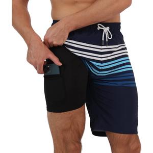 Arcweg Mens Swim Trunks with Compression Liner 2 in 1 9" Swimming Trunks Quick Dry Men's Swimwear for Surfing Summer Beach (Blue Stripe Gradient)