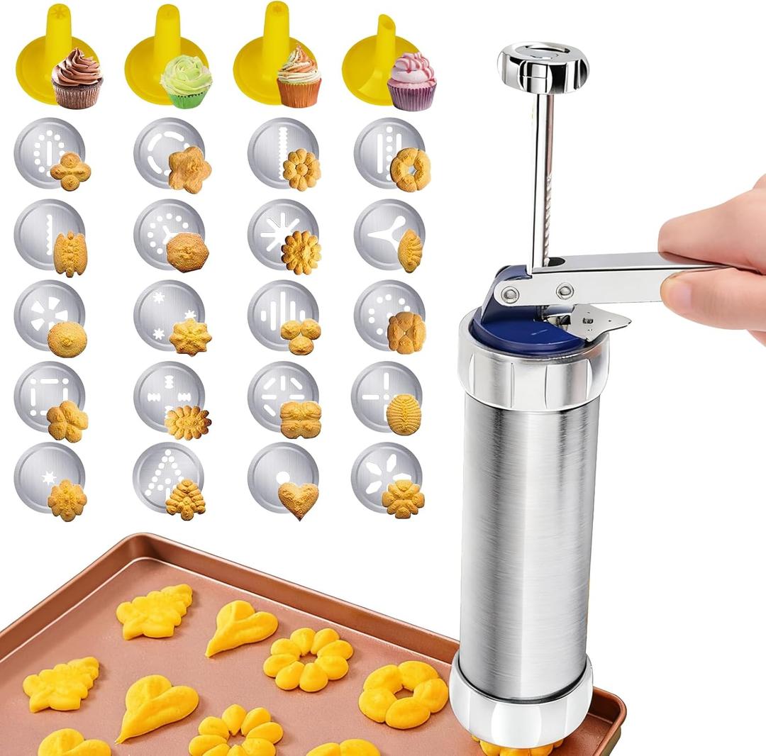 Enhanced Cookie Press Set, Food-Grade Spritz Cookie Press Dispenser Kit with 20 Discs & 4 Tips, Stainless Steel Baking Tool for Christmas Cookies Making, Cake Decoration & Holiday Gatherings