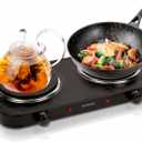 Countertop Double Cast Iron Burner 1800 Watts Electric Hot Plate with Adjustable Temperature 6.1" Cooktop for Dorm, Office, Home, Camp, Compatible for All Cookwares