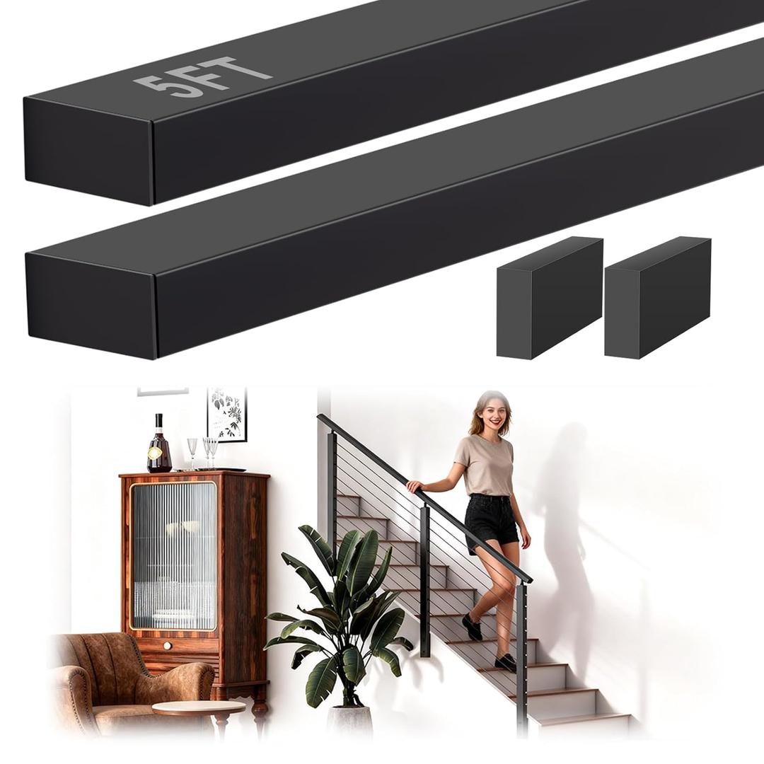 5FT Stainless Steel T304 Handrail Black with POM Connector, 2 Pack Rectangular Cable Railing Handrail Flat Deck Top Rail with SS304 End Caps for Indoor Outdoor Deck Stair Cable Railing System (36")