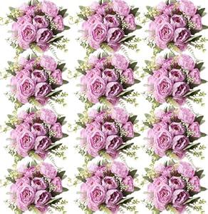 Nagobi 12 Pcs Artificial Peonies Silk Flowers, Summer Bouquet Boho Faux Flowers Arrangements for Wedding Home Centerpiece Table Decoration (Light Purple)