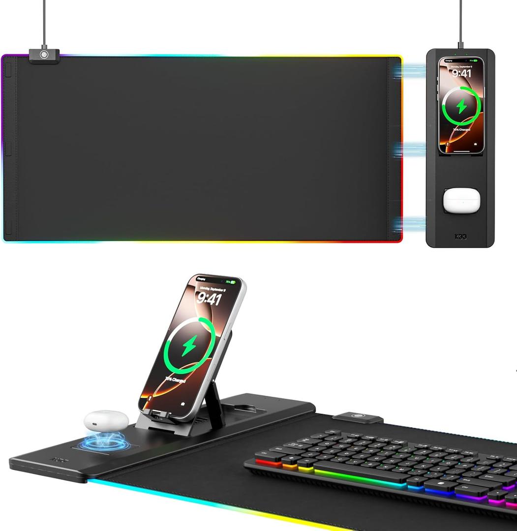 KDD Mouse Pad with Foldable Phone Holder - Wireless Charging Desk Mat 15W Fast - RGB Gaming Mousepad with Ultra-Smooth Surface, Non-Slip Base - Keyboard Mat for Home Office Gamer Desk Accessories (Large)