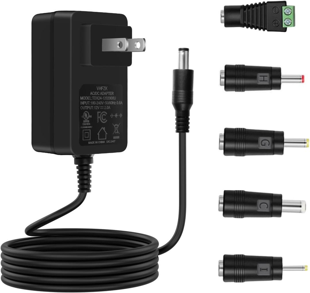 12V 2A 1.5A 0.5A Power Adapter 100V-240V 12 Volts Power Supply Cord AC to DC with 5 Selectable Plugs, DC12V Transformer for LED Strip Light, CCTV Camera, BT Speaker, GPS, Webcam, Router.