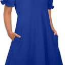 Aloodor Women's Casual Dresses Short Sleeve V-Neck Dress with Pockets (Blue, XL)