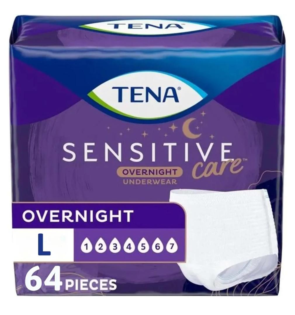 TENA Sensitive Care Overnight Incontinence Underwear for Women, Adult diapers, Large (Waist Sizes 32in–42in), Better Fit, 64 Count (4 packs of 16)