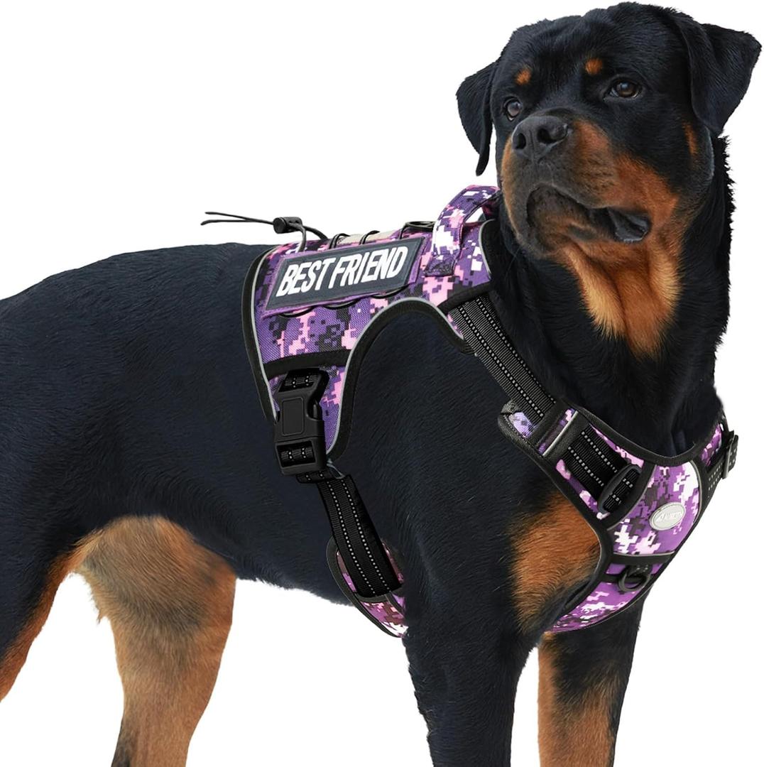AUROTH Tactical Dog Harness for Small Medium Large Dogs No Pull Adjustable Pet Harness Reflective K9 Working Training Easy Control Pet Vest Military Service Dog Harnesses (XL, Purple Camo) (Xl(neck:20-31",chest:26-42"),75-135 Lbs)