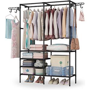 Clothing Rack, Heavy Duty Clothes Rack, 3-in-1 Garment Rack for Hanging Clothes, Freestanding Closet Organizers with Storage Shelves, Clothes Rack for Bedroom, Hallway, Entryway, Black