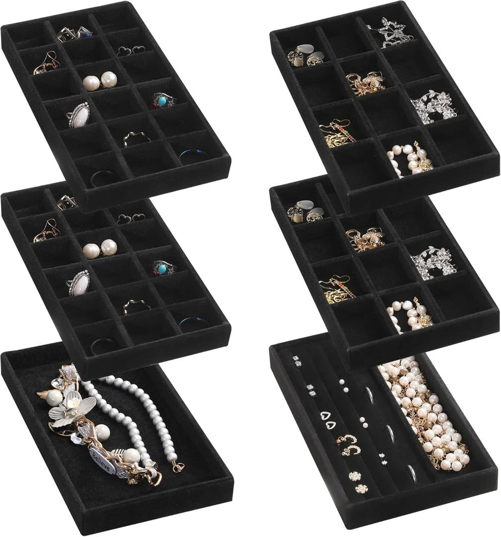 Frebeauty Jewelry Organizer Tray,Stackable Velvet Jewelry Trays,Drawer Inserts Earring Organizer For Women Jewelry Storage Display Case for Rings Stud Necklaces,Set of 6(Black)