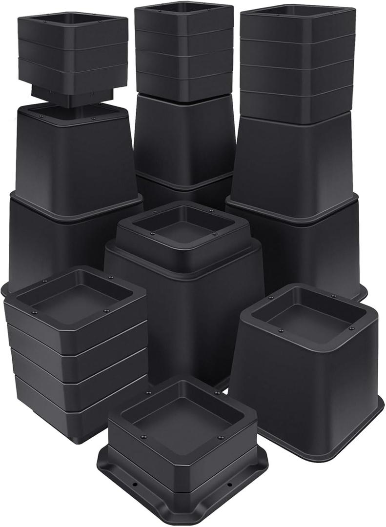 Bed Risers 12 inch Heavy Duty,Elevation in Heights 1,2,3,4,5,6,7,8,9,10,11,12 InchAdjustable Furniture Risers for Chair Table and Desk Legs Lifting (4 Pack,Black) (Square)