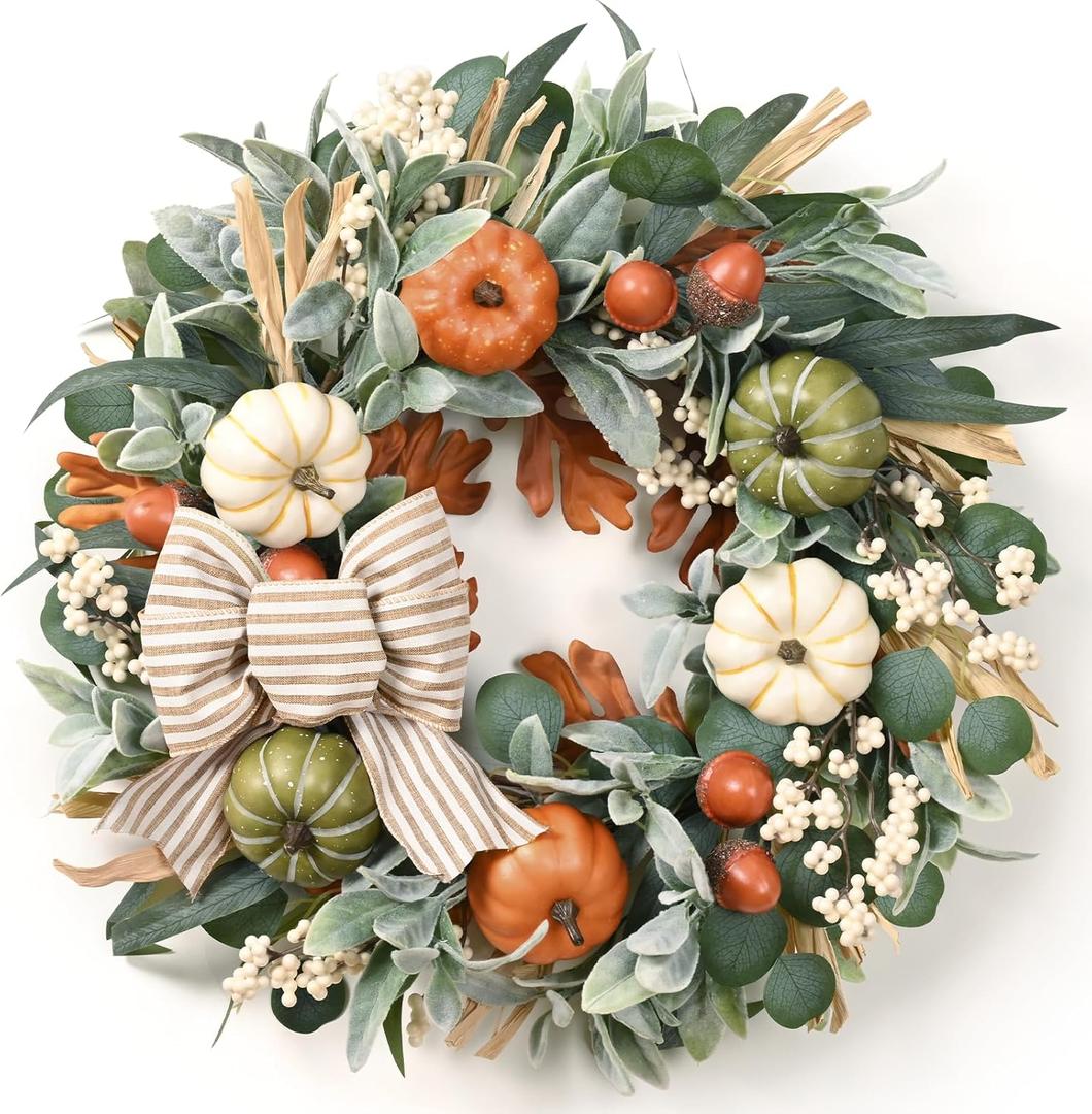 Waipfaru 22in Fall Wreaths for Front Door Outside, Fall Decorations for Home, Large Autumn Wreath with Bow Pumpkin Thanksgiving Halloween Farmhouse Outdoor Porch Table Kitchen Indoor Harvest Decor (Green)