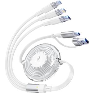 100W Multi USB Charging Cable, 6-in-1 Retractable USB C/Lightning/Micro Multi Charger Cords for iPhones, iPads, MacBook, Tablets, Galaxy, Note & More - 4Ft/1.2M 5A Fast Charging, Portable, White