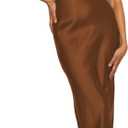 Realtix Elegant Satin Off The Shoulder Ruched Backless Maxi Dress for Women Strapless Tube Sleeveless Bridesmaid Dresses (Large, Brown)