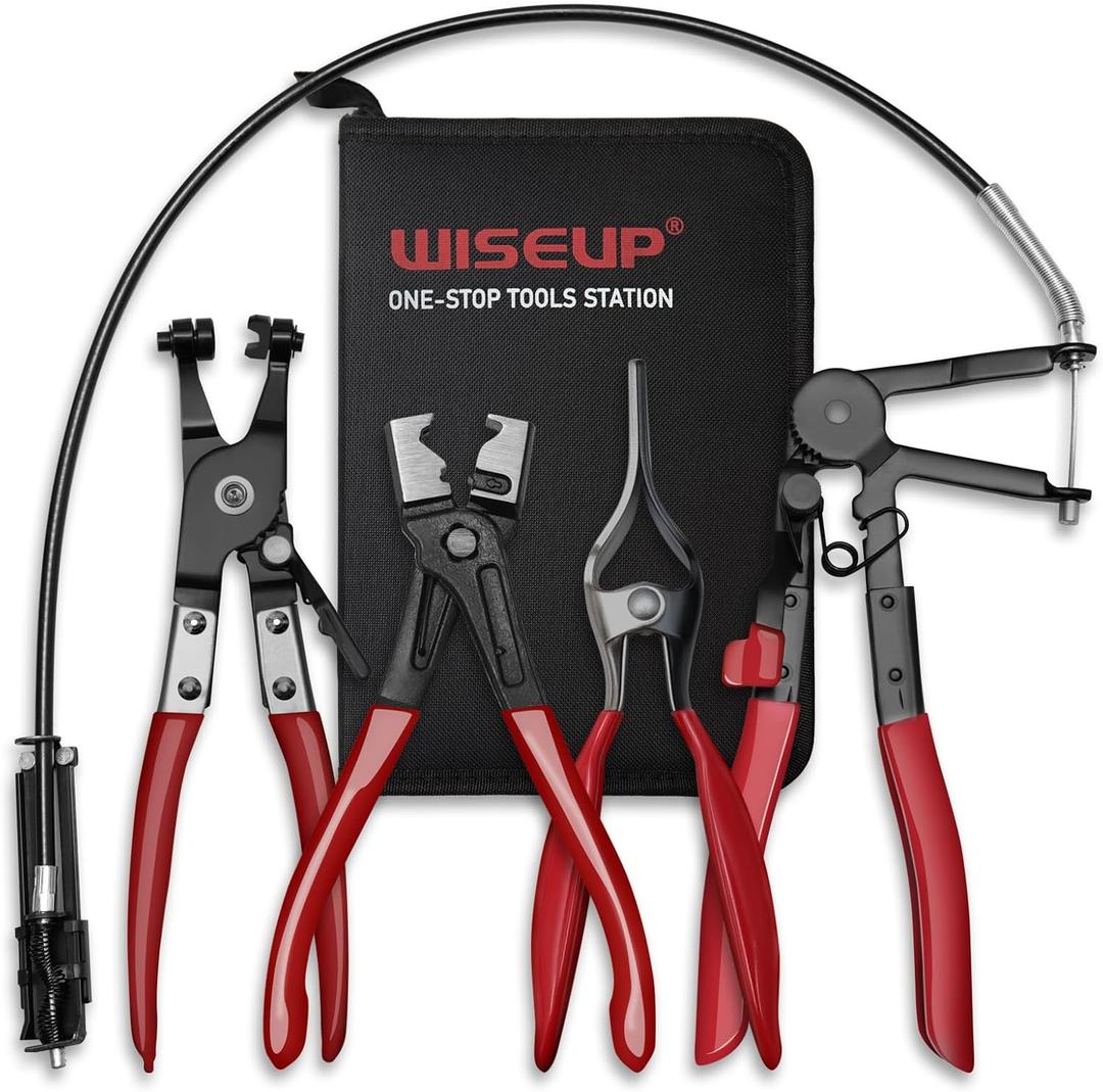 WISEUP 4PCS Hose Clamp Pliers Set - Includes 27" Long Reach Wire Spring Plier, Clic-R Type Pliers, Hose Remover & Flat Band Clamp Tool - for Automotive Fuel, Oil, Coolant, Radiator Hoses