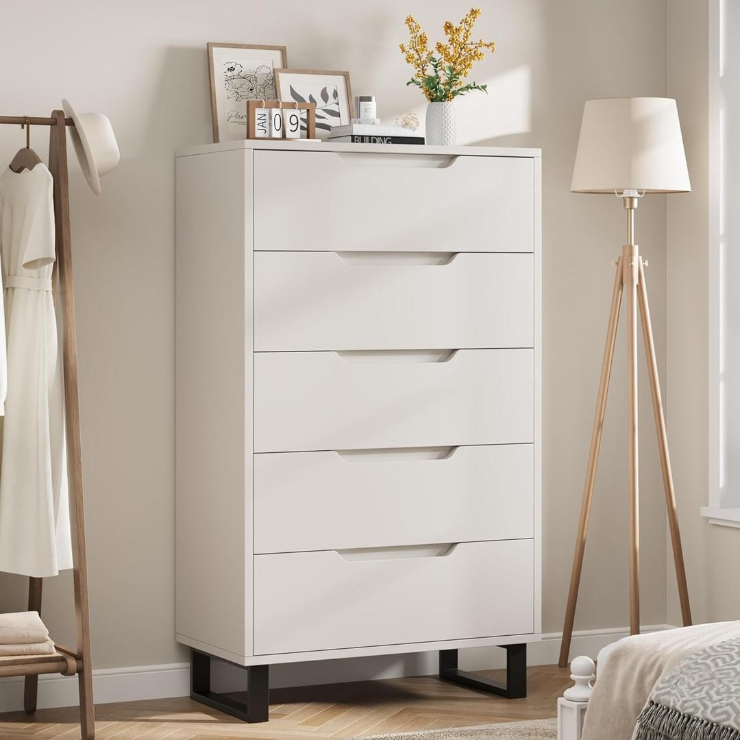 GarveeHome 5 Dresser for Bedroom, 51 in Tall Dresser, Freestanding Vertical Drawer Cabinet with Storage, Wooden Closet Storage Chest for Living Room, Hallway, Entryway, White