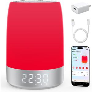 Smart Red Light Therapy Lamp & Sleep Sound Machine for Bedroom with Alarm Clock, Night Light with App Control, 5-Level Red Light (620690nm), 32 White Noises, Custom Timer, 24H Battery, 7 Alarms