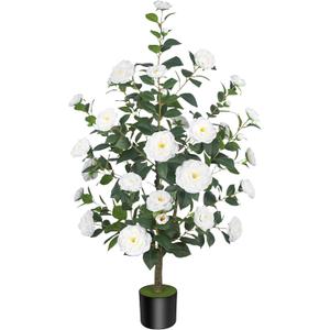 1Pack 47.24"/3.94FT Artificial Camellia Trees with 36 White Flowers in Cement Pots  Lifelike Fake Trees for Front Porch, Home, Indoor Outdoor Spring Decor, Office or Housewarming Gifts