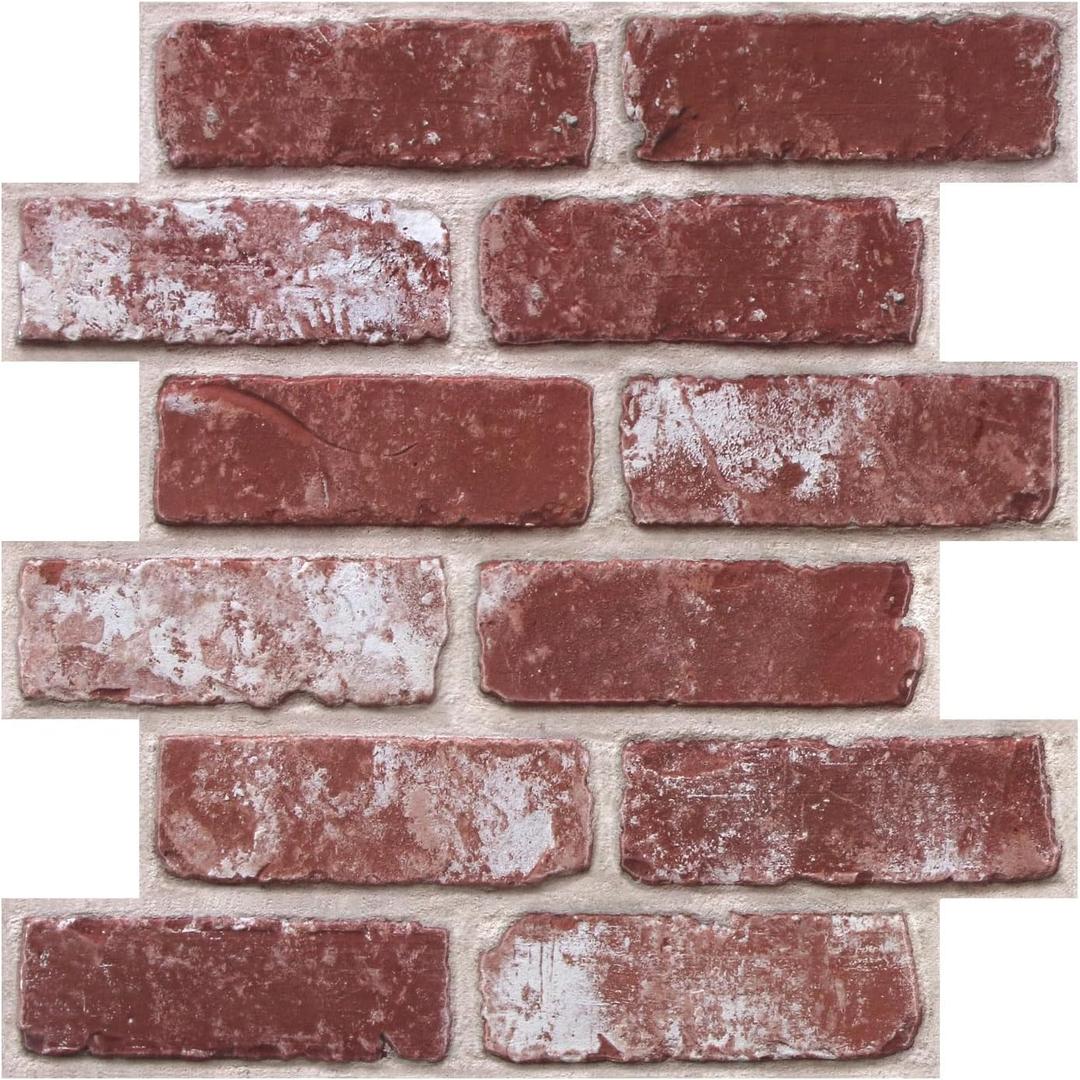 3D Faux Brick Wall Panels Peel and Stick, 10 Pcs 11.8" x 11.8", Small Brick-Look Textured, Ultra-Light Thin PVC Fake Brcik Wall Covering Tiles for Quick DIY, Whitewash Red