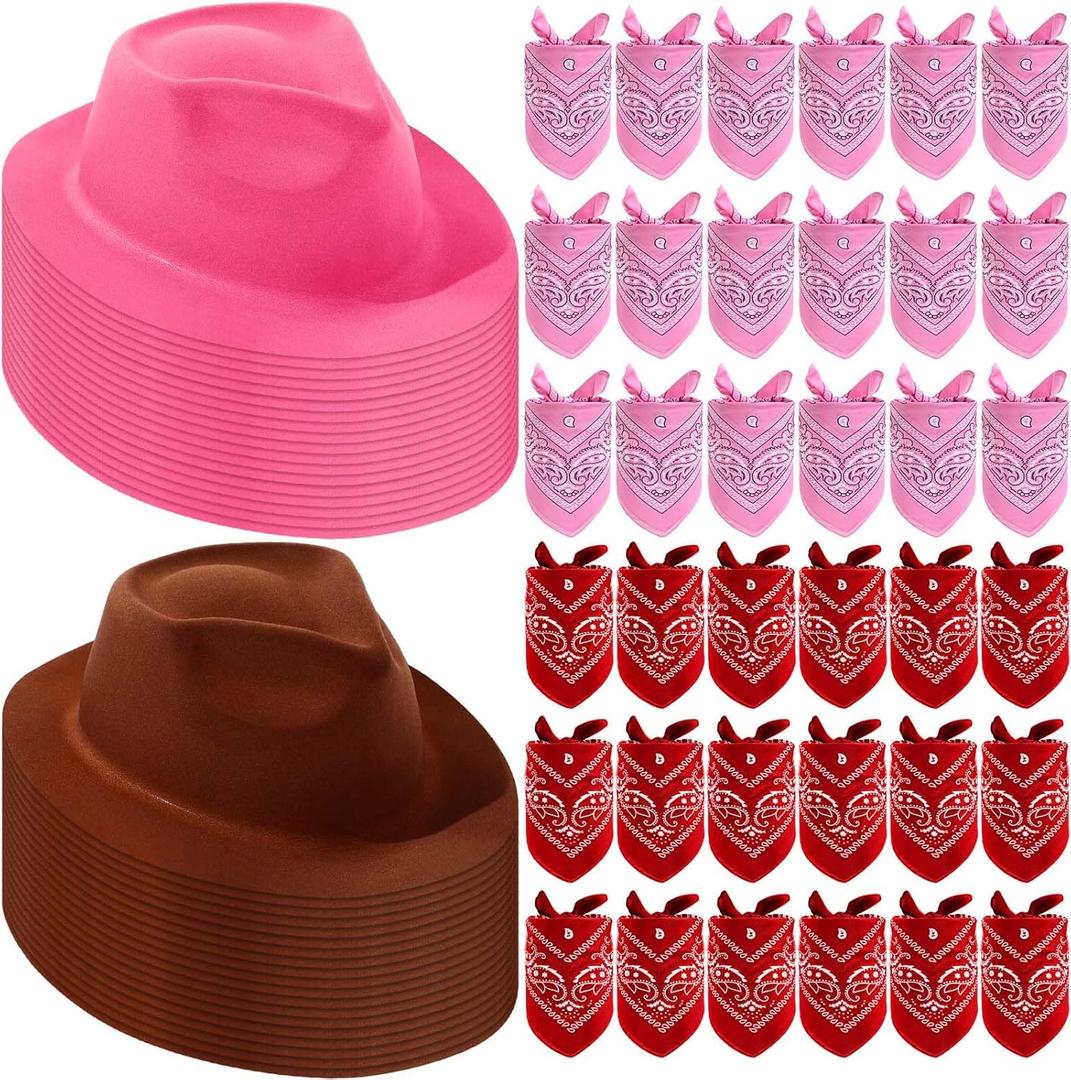Hillban 72 Pcs Western Cowboy Hat and Paisley Bandana Set for Kids Felt Cowboy Party Hats for Costume Party Favors(Brown, Pink)