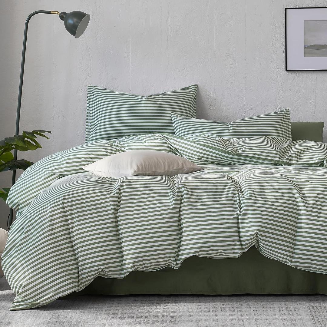 JELLYMONI Striped Duvet Cover Set - King Size Comforter Cover, Classic Green & White Stripes, 100% Cotton 3 Pcs Bedding with Zipper Closure & 8 Corner Ties for Master or Guest Bedroom