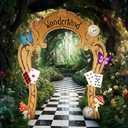 Peryiter 9 Pcs Fair Wonderland Tea Party Decoration 8.04 x 6.46 ft Include 1 Wonderland Door Banner and 8 Theme Cards 1 Tape for Photo Booth Background Birthday Baby Shower Poker Party Supplies