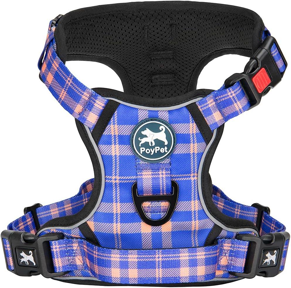 PoyPet No Pull Dog Harness, Reflective Adjustable No Choke Pet Vest with Front & Back 2 Leash Attachments, Soft Control Training Handle for Small Medium Large Dogs(Checkered Blue & Orange,M)