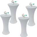 Wolkemer 4PCS 24x43 Inch Silver Round Cocktail Tablecloth Fitted Highboy Stretch Cocktail Table Cover for Banquet Bar Party Pub Wedding Indoor Outdoor