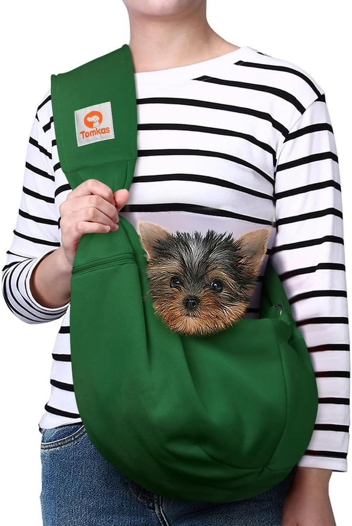 Tomkas Small Dog Cat Sling Carrier Puppy Purse Travel Wrap Soft Crossbody Pet Bag (Emerald Green, M - Zip Pocket & Adjust Strap)