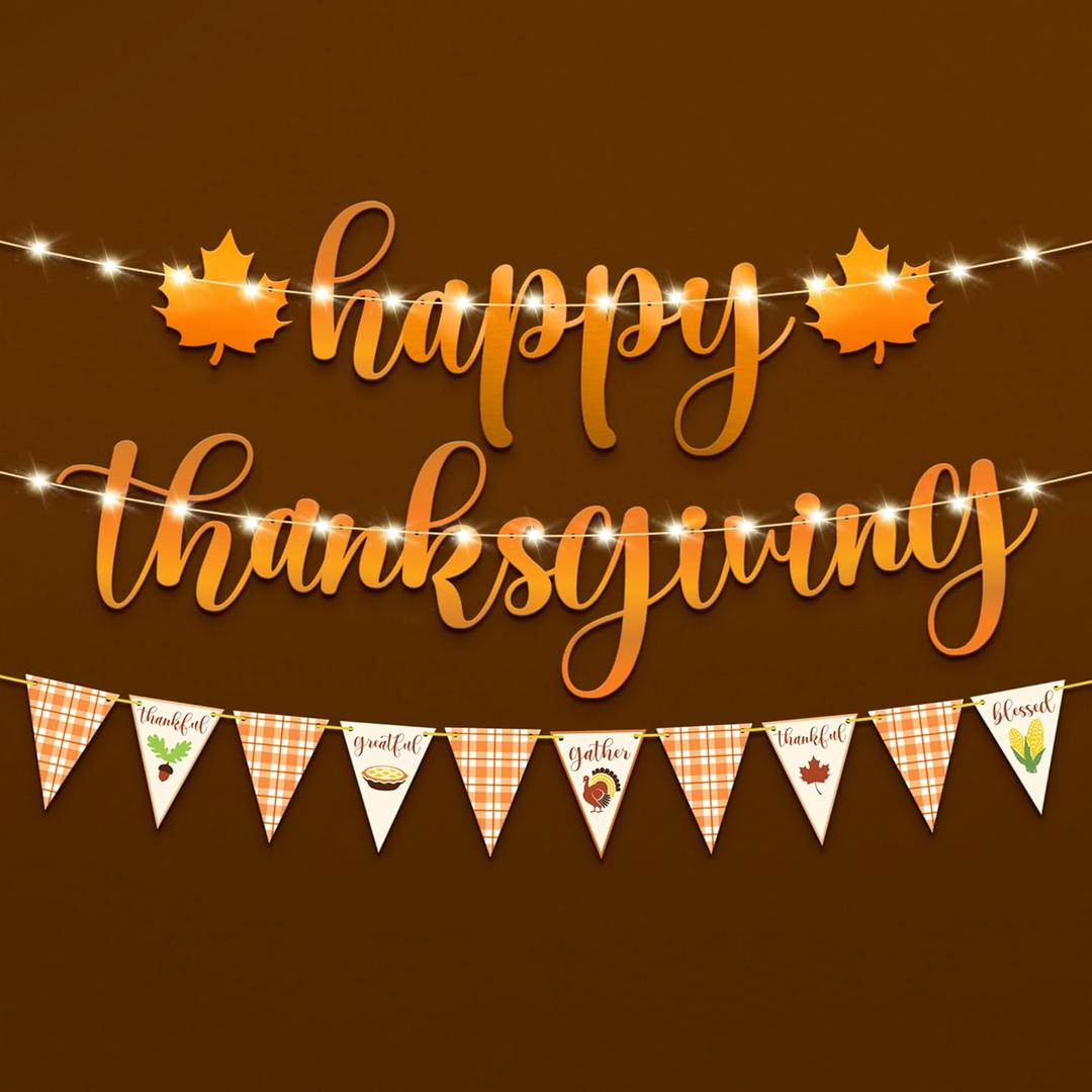 KatchOn, Happy Thanksgiving Banner with LED Light - 10 Feet, No DIY | Lighted Thanksgiving Decorations Indoor, Outdoor, Fall Maple Leaf Garland for Harvest Decorations | Turkey Decor, Wall Decoration (Orange & White)