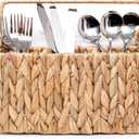 KOLWOVEN Wicker Utensil Caddy Carrier, Wicker Flatware Organizer, Hand Woven Water Hyacinth Cutlery Holder for Countertop with Handle