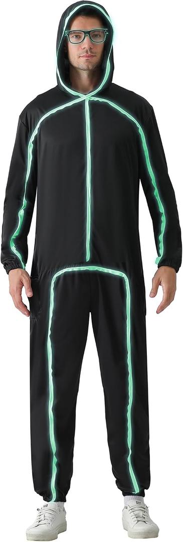 Stick Figure Costume Adult Light up Costume with Glasses Halloween Glow in the Dark Outfits for Men Women