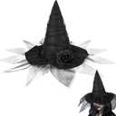 Halloween Witch Hat for Women, Elegant Witch Costume Accessory with Veil & Rose, Gothic Wizard Hats for Halloween Parties