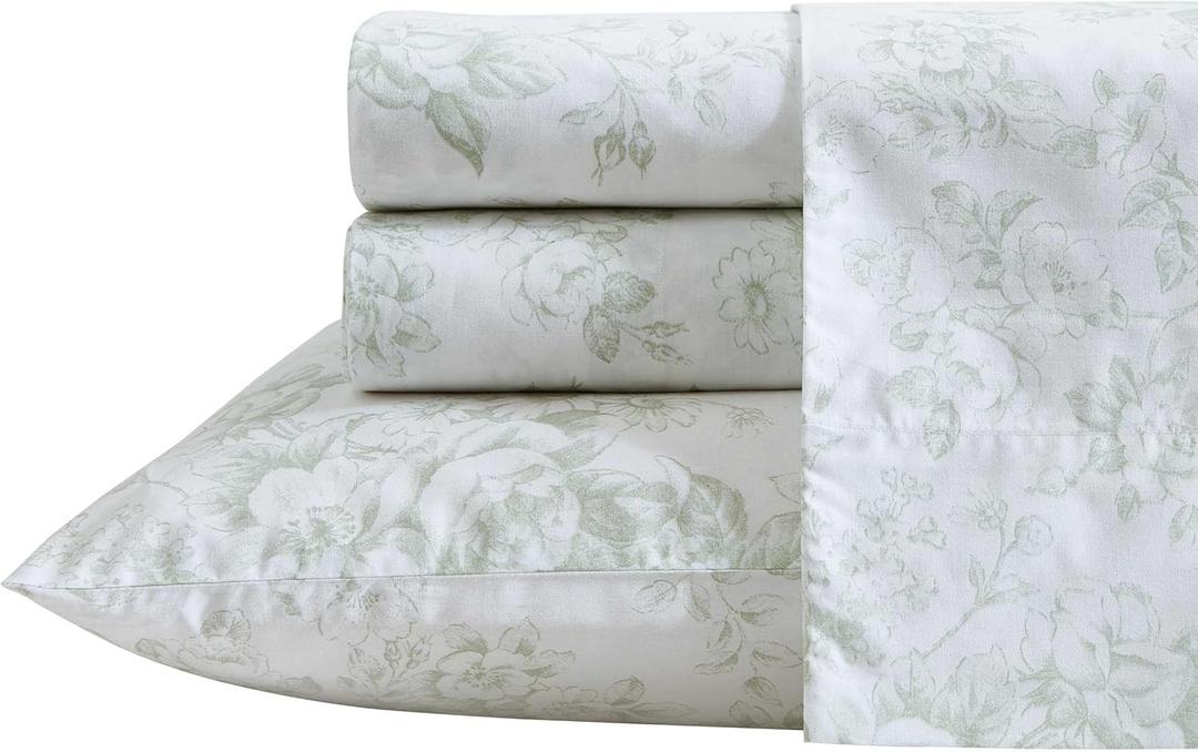 Laura Ashley - Twin XL Sheets, Cotton Percale Bedding Set, Lightweight & Breathable Home Decor (Toile Delight Green, Twin XL)