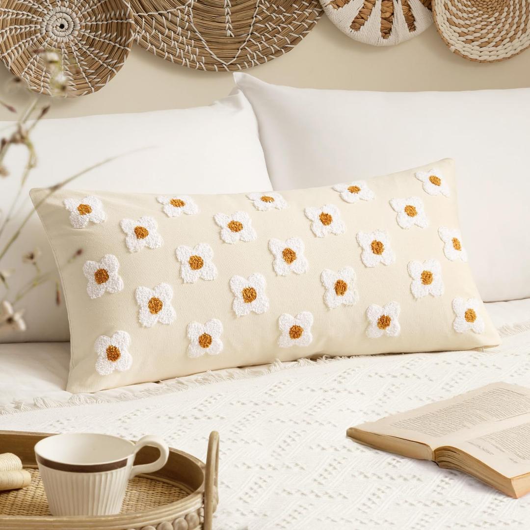 EMEMA Decorative Throw Pillow Covers Daisy Sun Flower Jacquard Pillowcase Cushion Case Rectangle for Couch Sofa Bed Living Room Bedroom Set of 1, 12x24 Inch, Beige (12" x 24" (Pack of 1), A-beige)