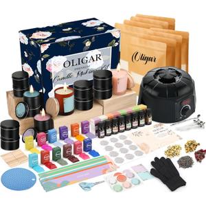 Oligar Complete Candle Making Kit with Wax Melter, Candle Making Supplies, DIY Arts&Crafts Kits Gift for Beginners,Adults,Kids,Including Wax Melter,Rich Scents,Dyes,Candle Tins,SoyWax,Wicks (2.64lbs Candle kit with Glass cup)