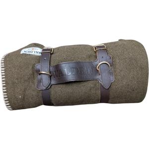 Walden Backyards Fireside Wool Blanket with Leather Carrying Strap (Olive Green with Brown Leather Carrier)