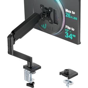 WALI Single Monitor Mount for 13-34 inch Screens, Adjustable Gas Spring Single Monitors Arm, Regular Screen up to 32 inch, 26.4lbs, Computer Monitor Stand for Desk, VESA 75/100mm (GSMP001N), Black